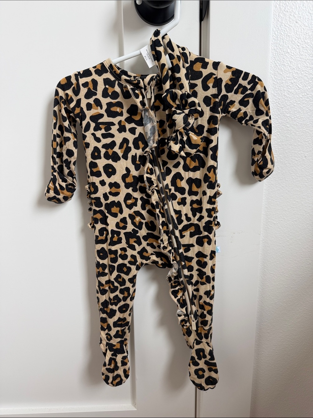 Posh Peanut Leopard Print Footed One-Piece Romper - Tan & Black with Handband